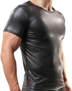 QiaTi Men's Undershirt Faux Leather Wetlook Shirt Muscle Fit Athletic Tank Top T-Shirts