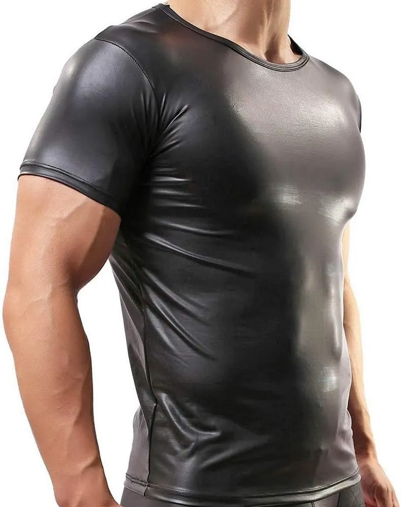 QiaTi Men's Undershirt Faux Leather Wetlook Shirt Muscle Fit Athletic Tank Top T-Shirts