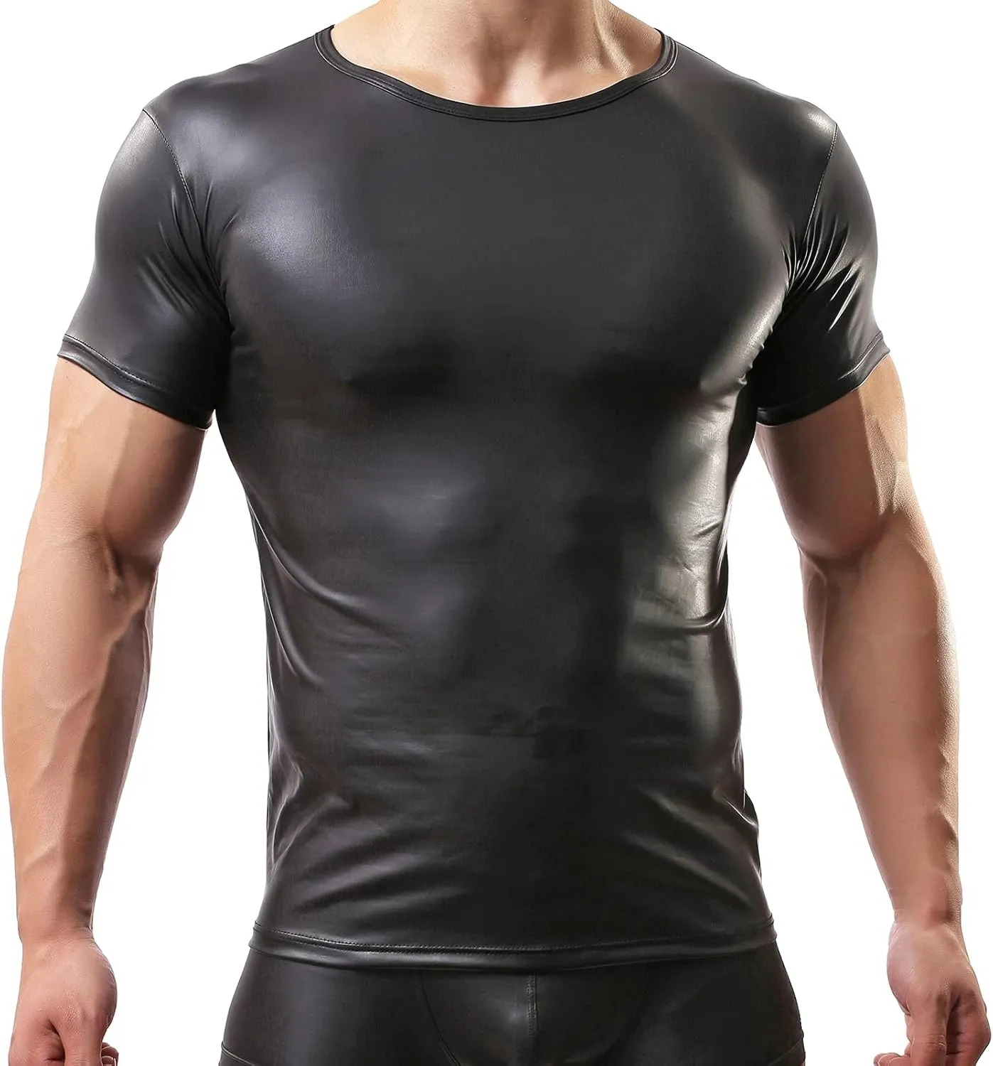 QiaTi Men's Undershirt Faux Leather Wetlook Shirt Muscle Fit Athletic Tank Top T-Shirts