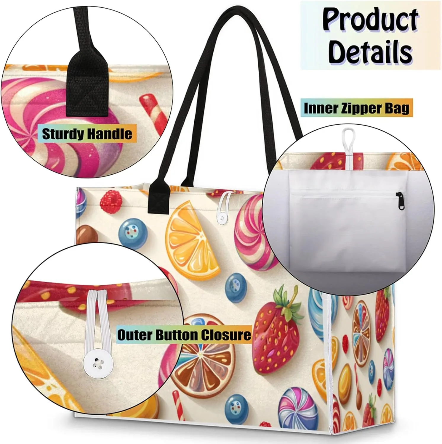 QsirBC Large Tote Bag for Women Men, Travel Beach Bag with Inner Zipper Pocket Snap Closure