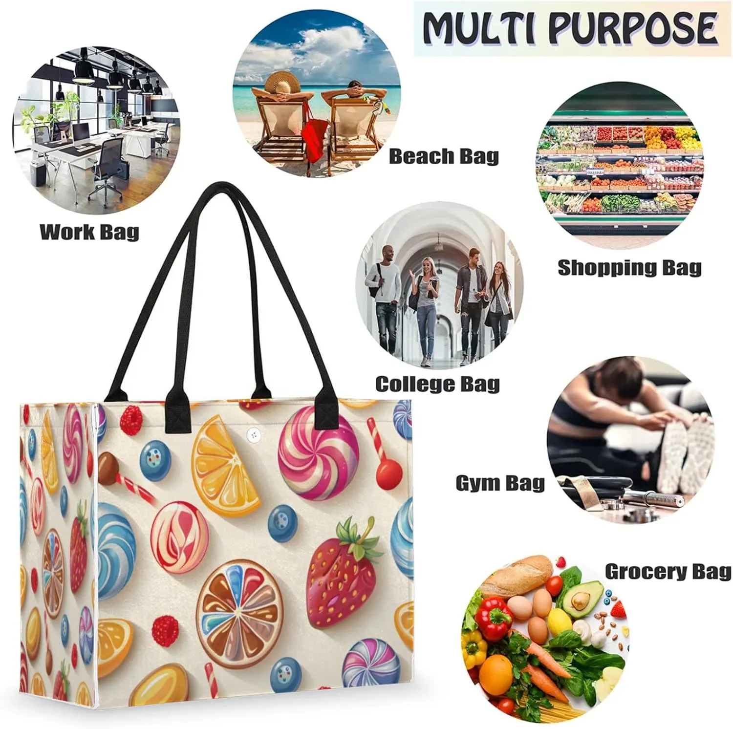 QsirBC Large Tote Bag for Women Men, Travel Beach Bag with Inner Zipper Pocket Snap Closure