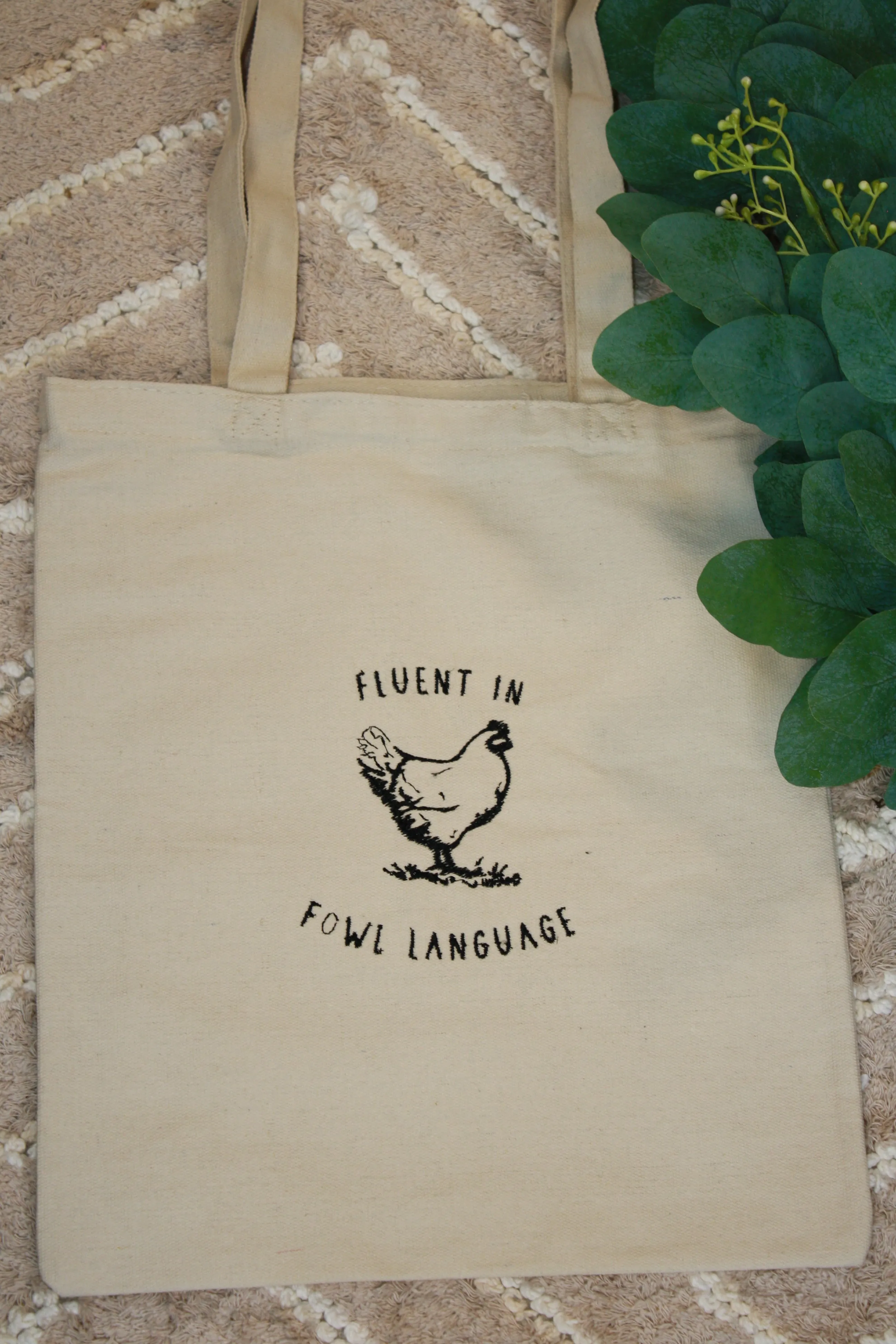 "Fluent in Fowl Language" Embroidered Canvas Tote – Eco-Friendly & Reusable
