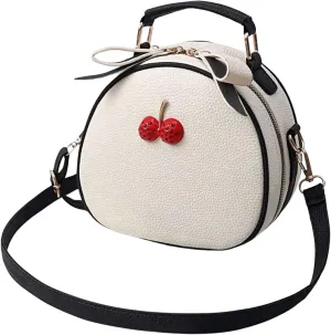QWINEE Women's Cute Cherry Crossbody Bag Zipper Top Handle Shoulder Handbag PU Leather Mini Circle Purse