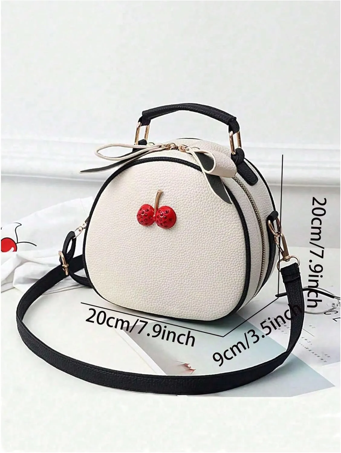 QWINEE Women's Cute Cherry Crossbody Bag Zipper Top Handle Shoulder Handbag PU Leather Mini Circle Purse