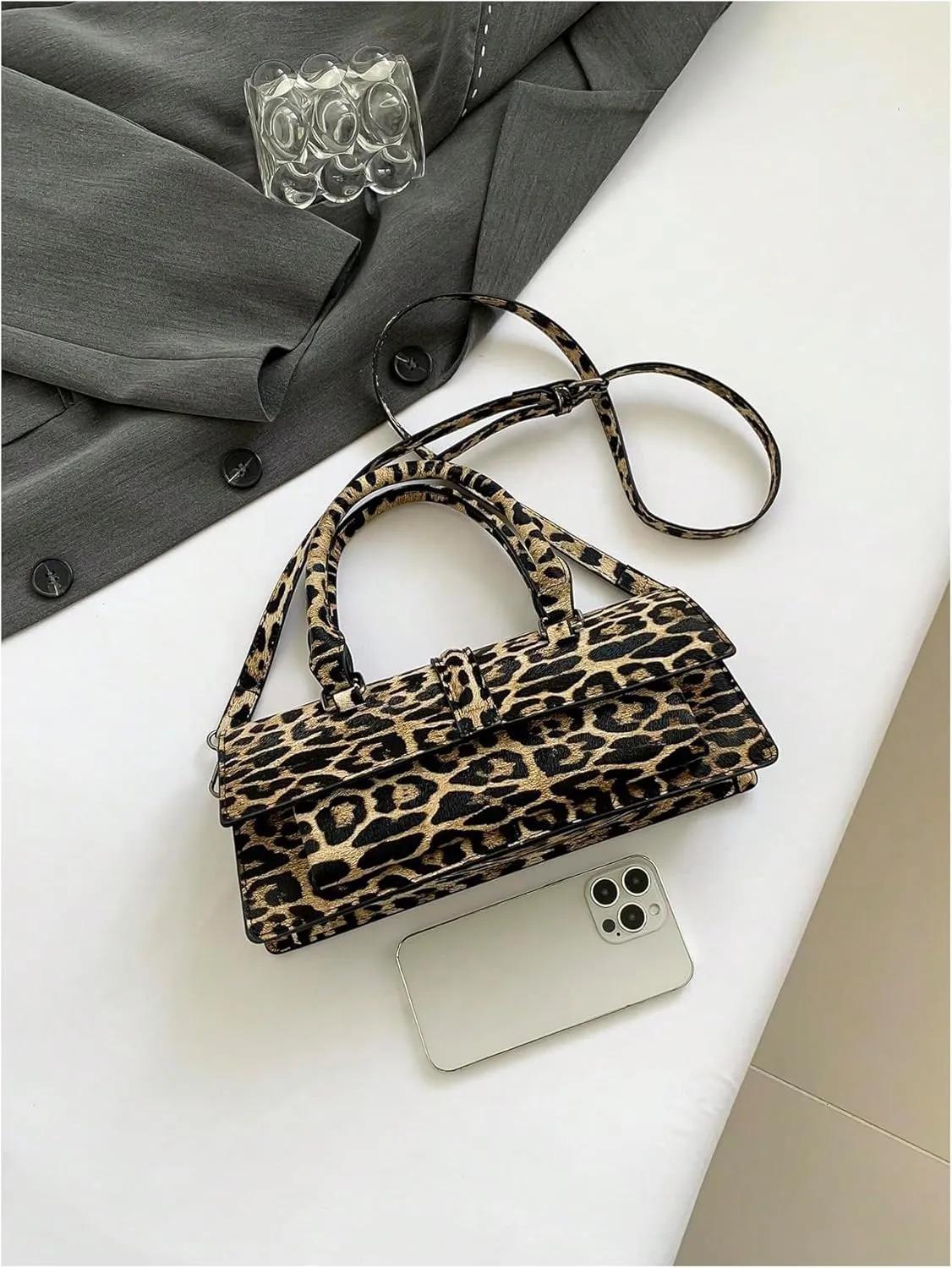 QWINEE Women's Faux Leather Leopard Print Crossbody Bag Vintage Shoulder Bag Top Handle Handbag