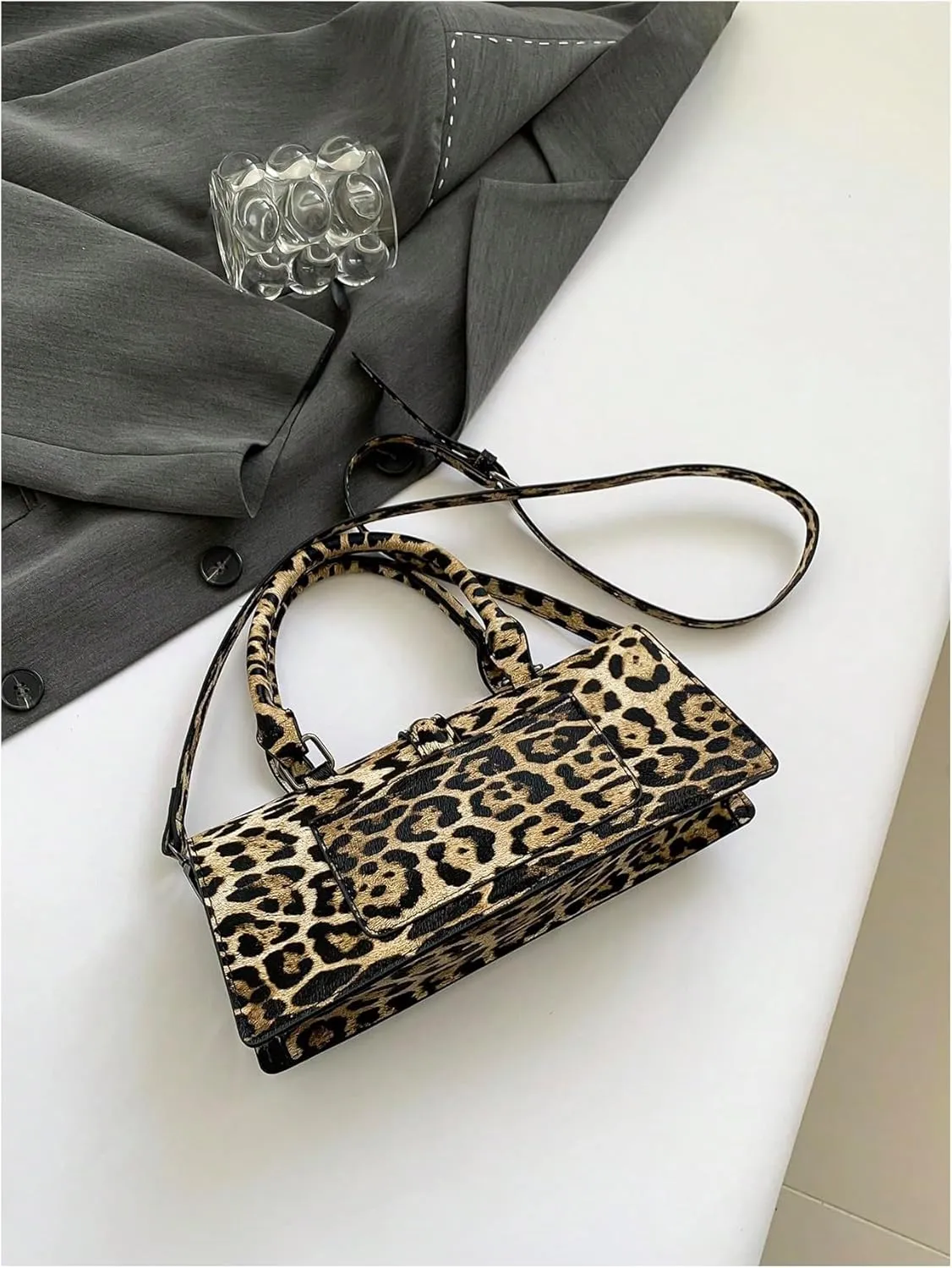 QWINEE Women's Faux Leather Leopard Print Crossbody Bag Vintage Shoulder Bag Top Handle Handbag