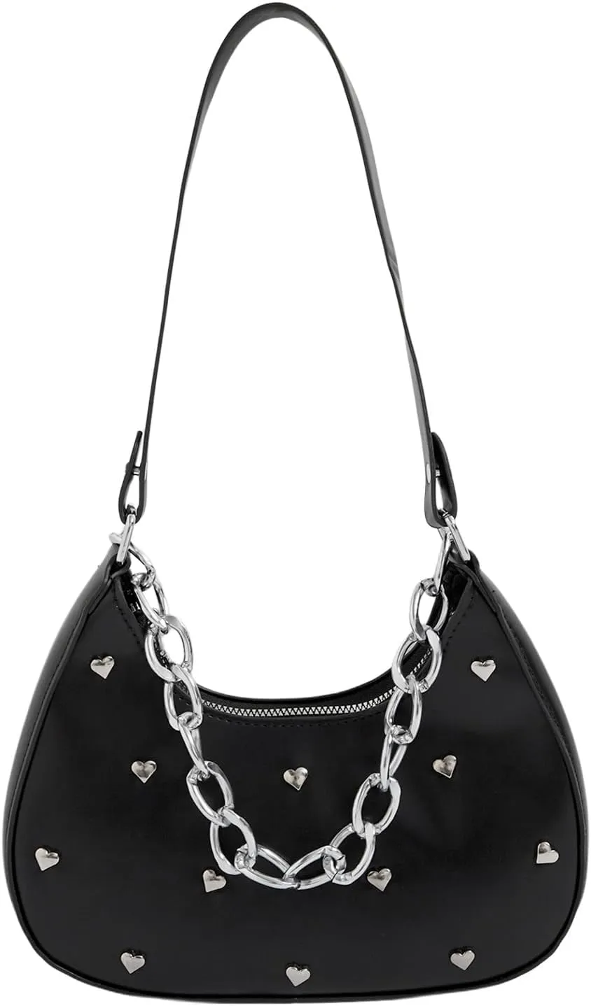 QWINEE Women's Y2k Heart Studded Shoulder Handbags Zipper Top Handle Vintage Underarm Bag Purse Clutch