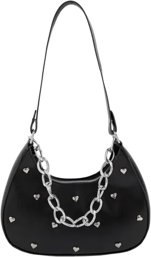 QWINEE Women's Y2k Heart Studded Shoulder Handbags Zipper Top Handle Vintage Underarm Bag Purse Clutch
