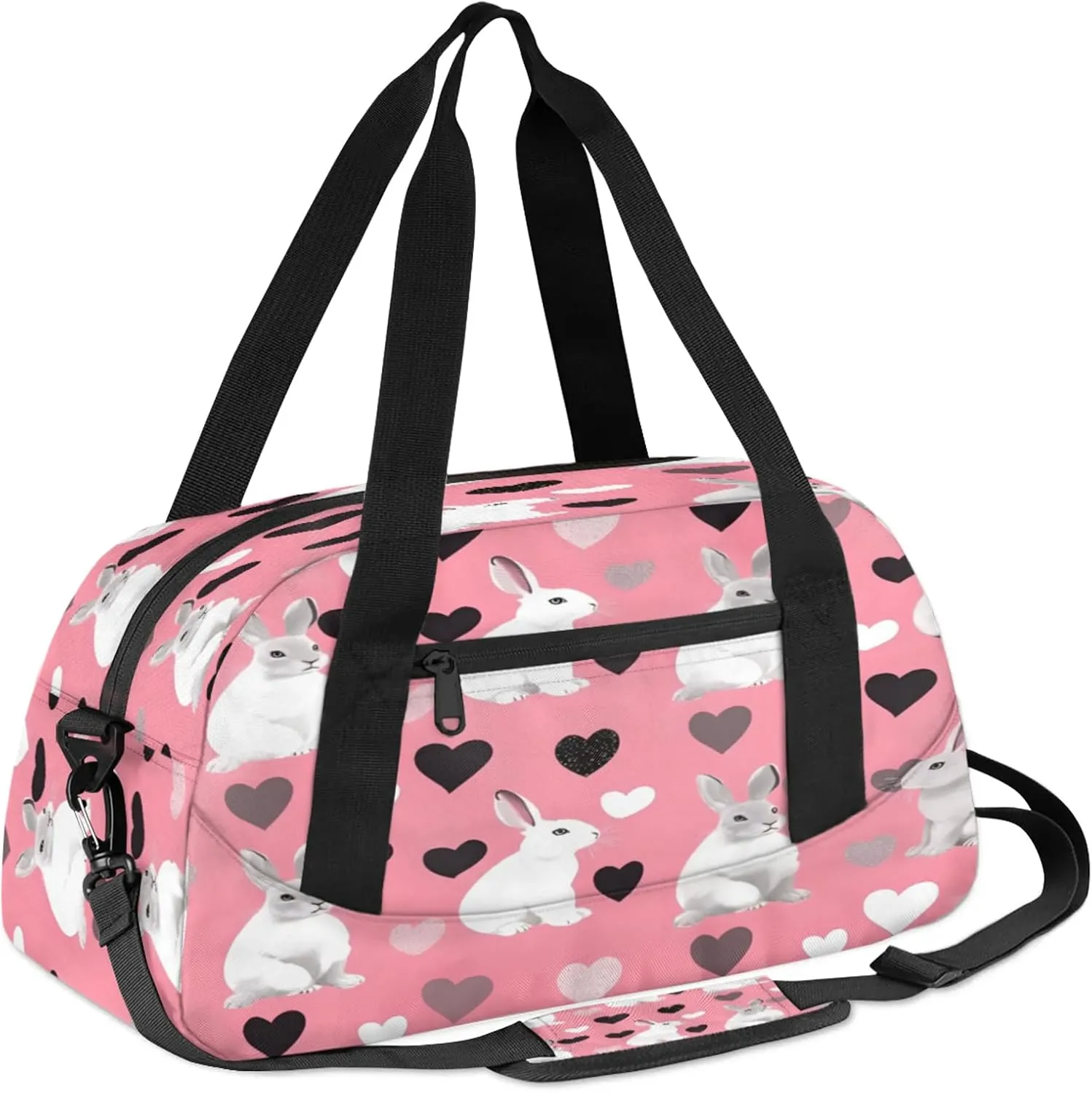 Rabbit Pattern Design Kids Duffel Bag Lightweight Waterproof Sports Gym Bag with Front Zipper Pocket Foldable Weekender Overnight Bag for School Practice Gymnastic Ballet