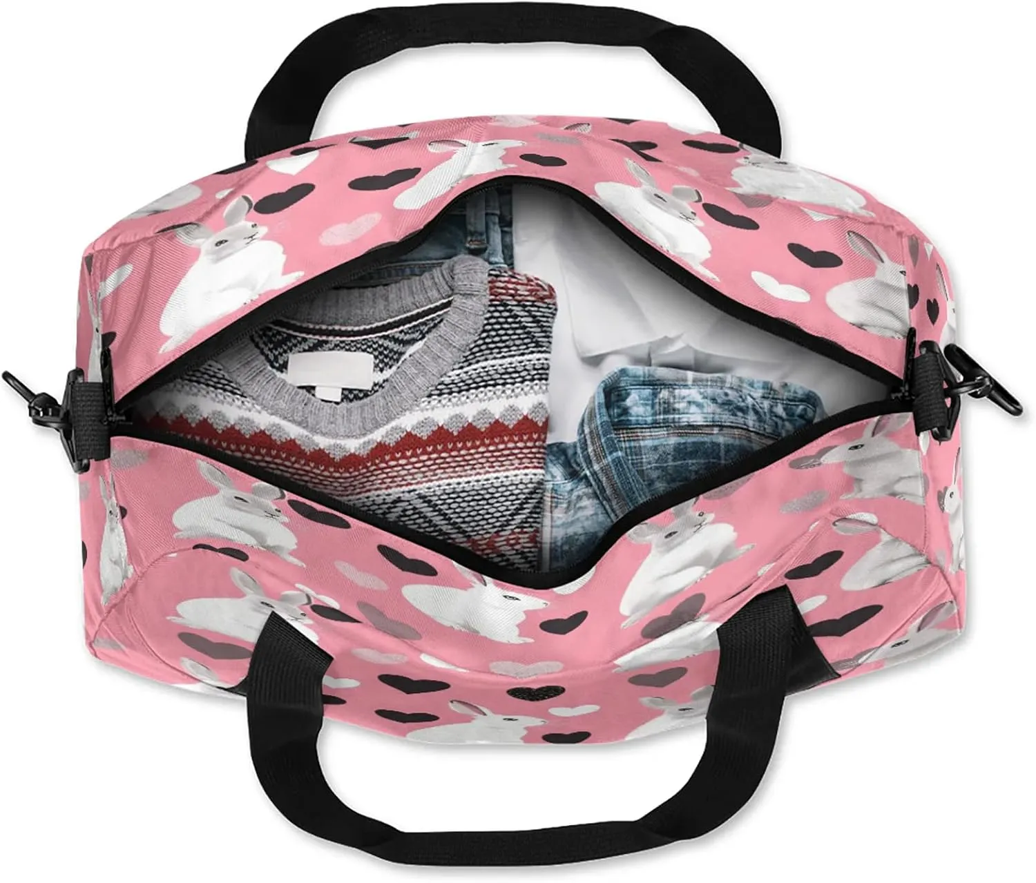 Rabbit Pattern Design Kids Duffel Bag Lightweight Waterproof Sports Gym Bag with Front Zipper Pocket Foldable Weekender Overnight Bag for School Practice Gymnastic Ballet