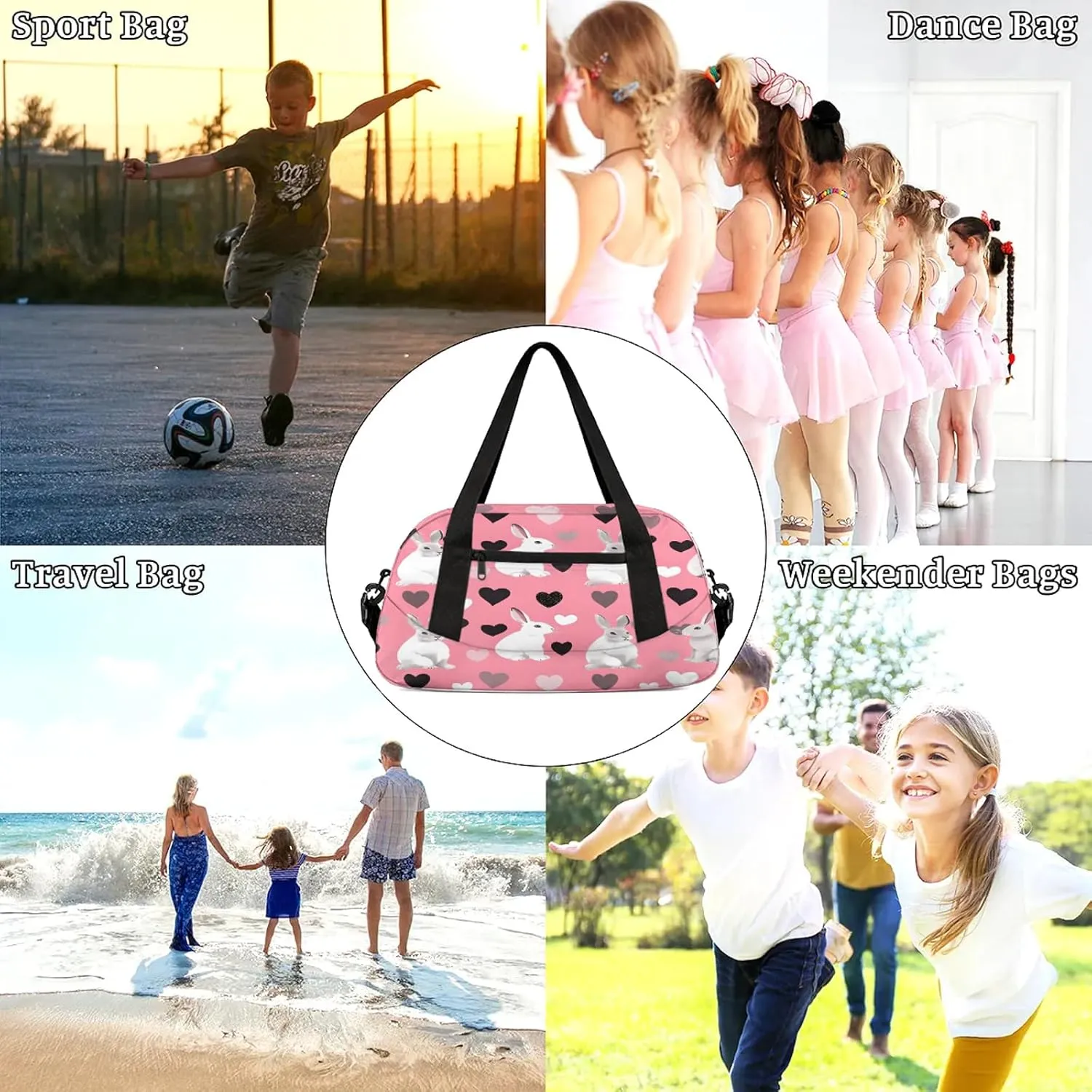 Rabbit Pattern Design Kids Duffel Bag Lightweight Waterproof Sports Gym Bag with Front Zipper Pocket Foldable Weekender Overnight Bag for School Practice Gymnastic Ballet