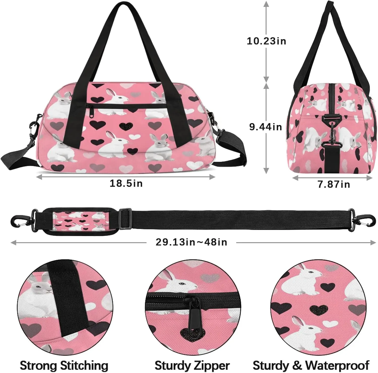 Rabbit Pattern Design Kids Duffel Bag Lightweight Waterproof Sports Gym Bag with Front Zipper Pocket Foldable Weekender Overnight Bag for School Practice Gymnastic Ballet
