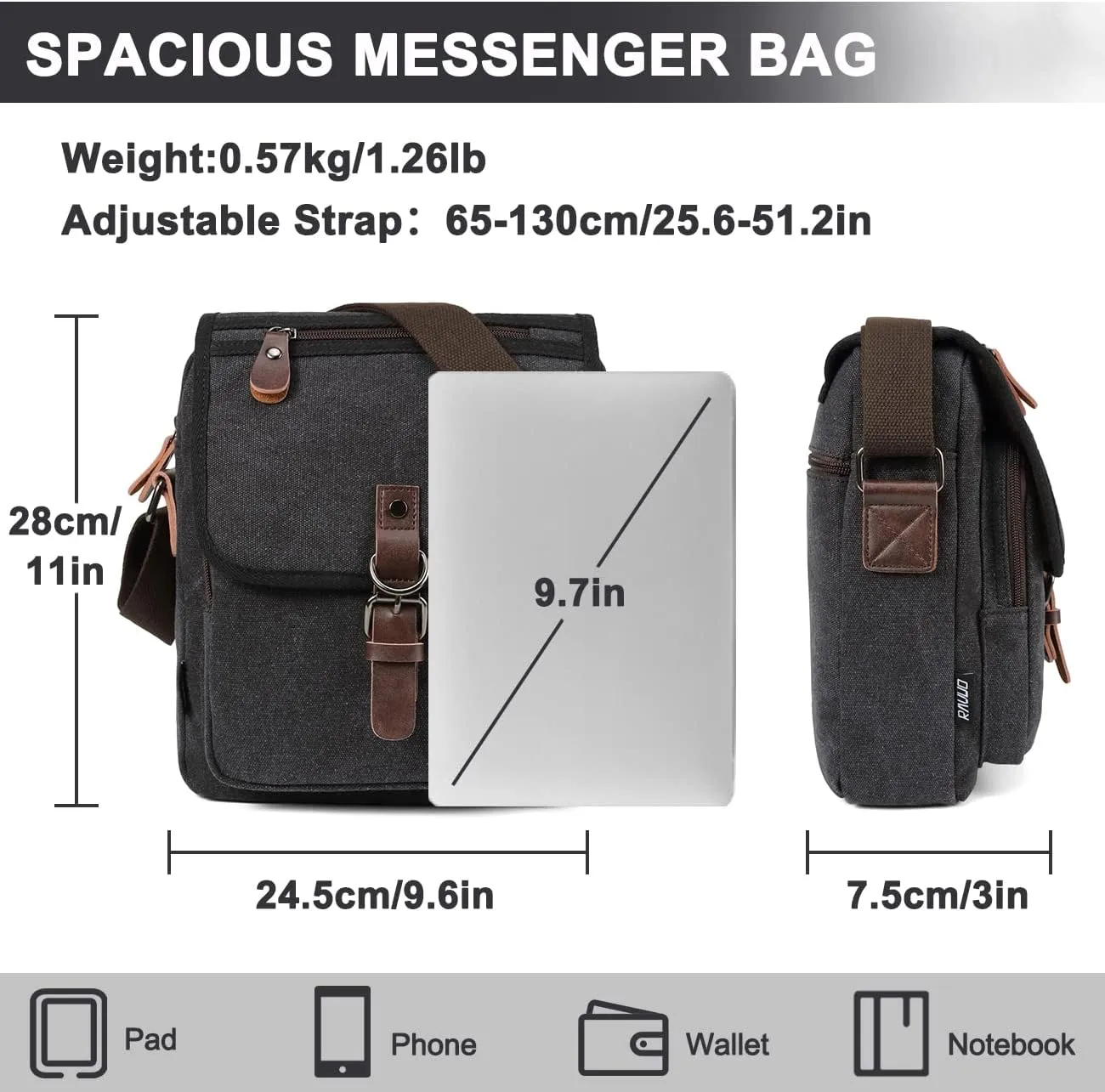 RAVUO Small Messenger Bag, Water Resistant Mens Women Canvas Shoulder Satchel Crossbody Purse for Travel Work