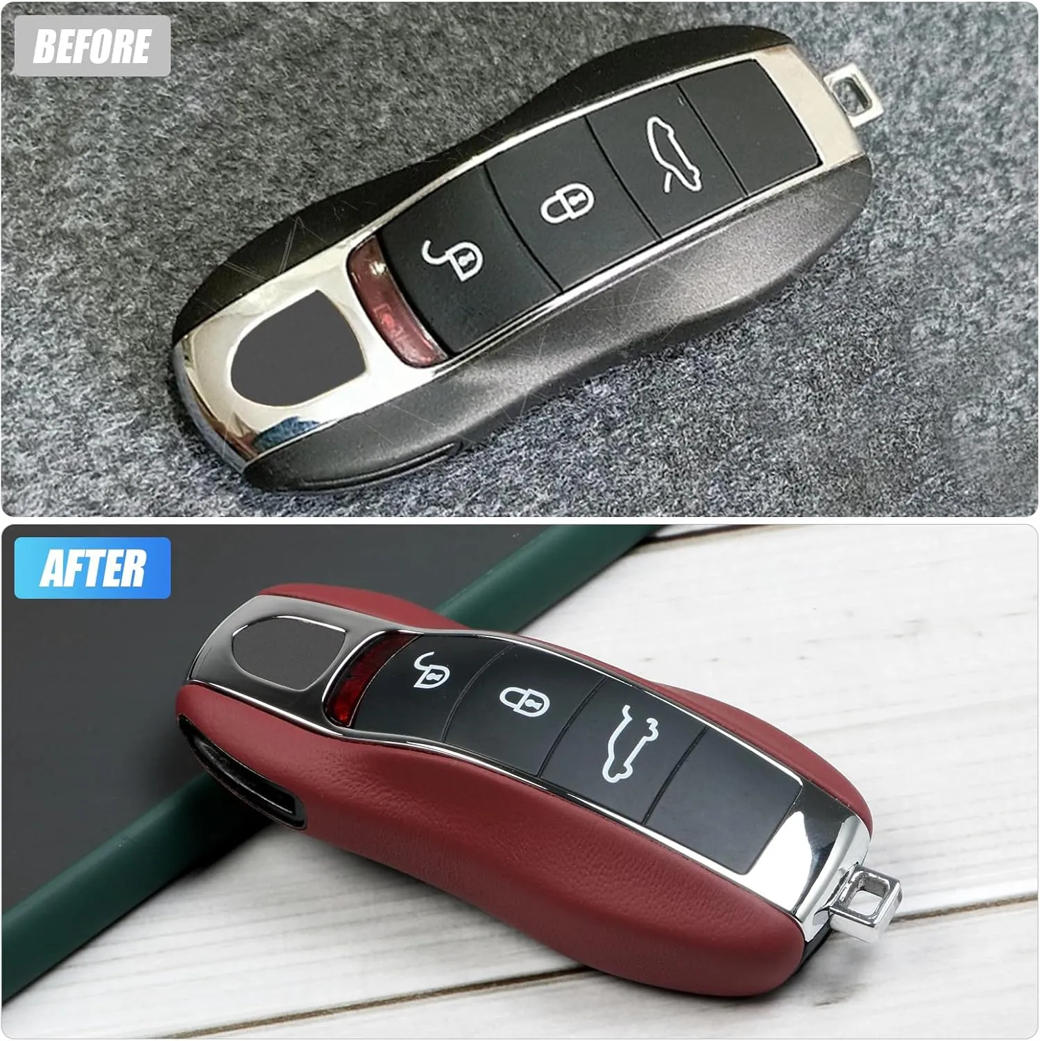 Red Key Fob Cover Leather Compatible with Porsche Key Shell Key Fob Shell Replacement Compatible with Porsche Cayenne Panamera 911 718 Macan Boxster Cayman Accessories
