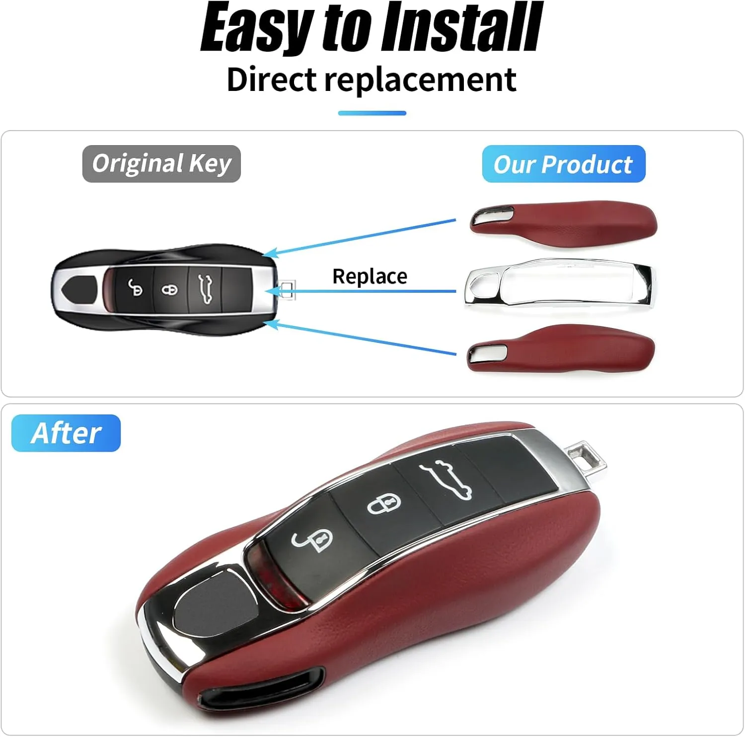 Red Key Fob Cover Leather Compatible with Porsche Key Shell Key Fob Shell Replacement Compatible with Porsche Cayenne Panamera 911 718 Macan Boxster Cayman Accessories
