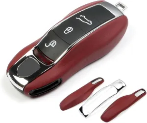 Red Key Fob Cover Leather Compatible with Porsche Key Shell Key Fob Shell Replacement Compatible with Porsche Cayenne Panamera 911 718 Macan Boxster Cayman Accessories