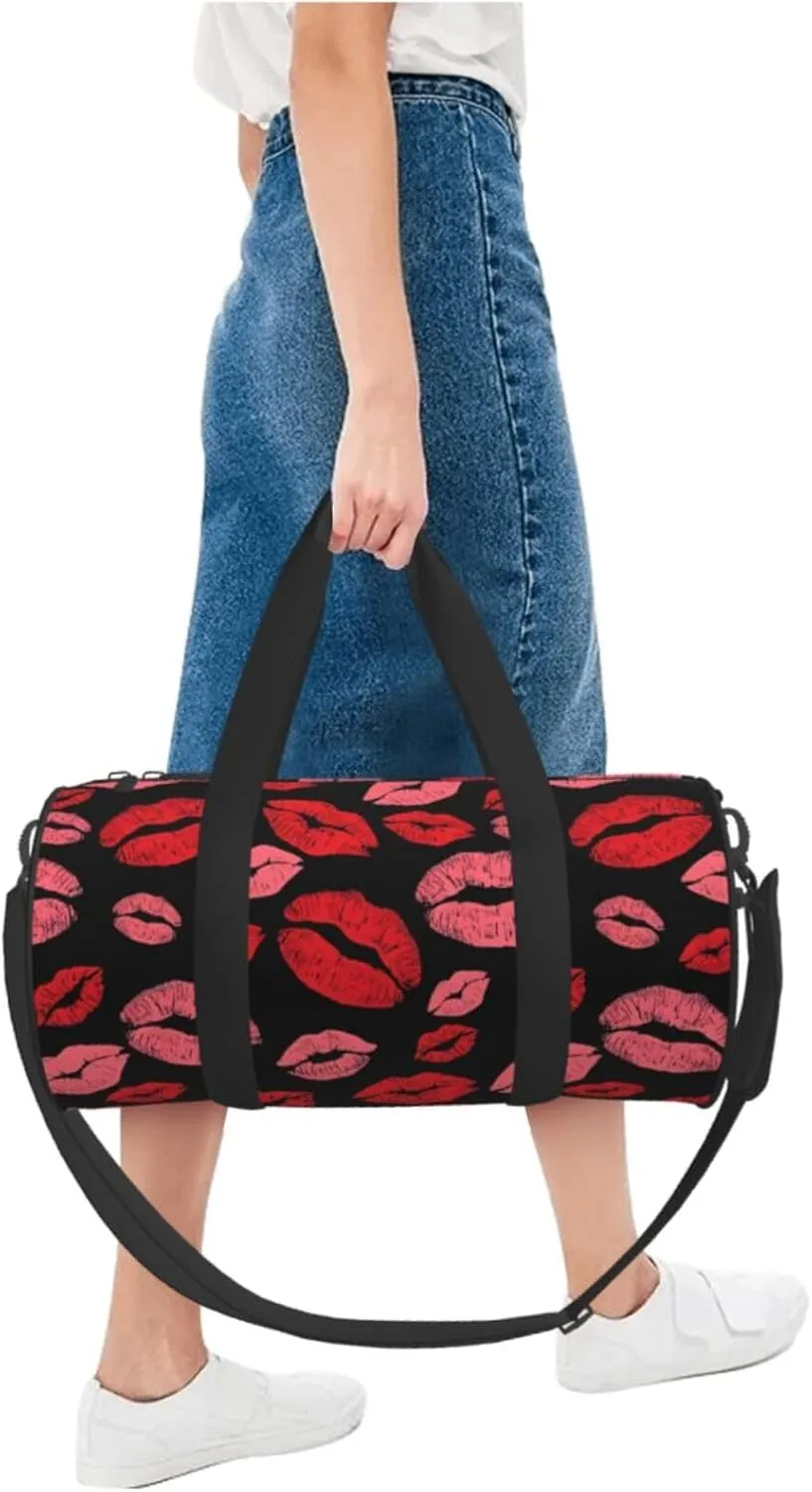 Red Valentines Lips Round Travel Duffel Bag Large Capacity Gym Sports Bags for Hiking Vacation Trips