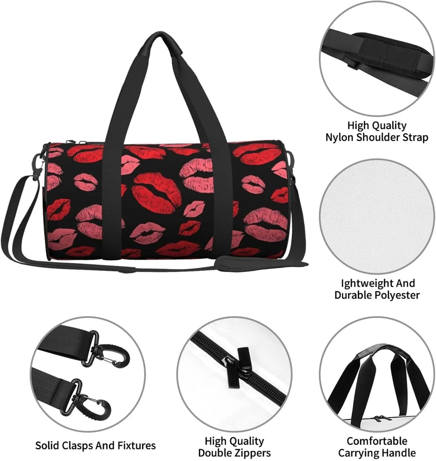 Red Valentines Lips Round Travel Duffel Bag Large Capacity Gym Sports Bags for Hiking Vacation Trips