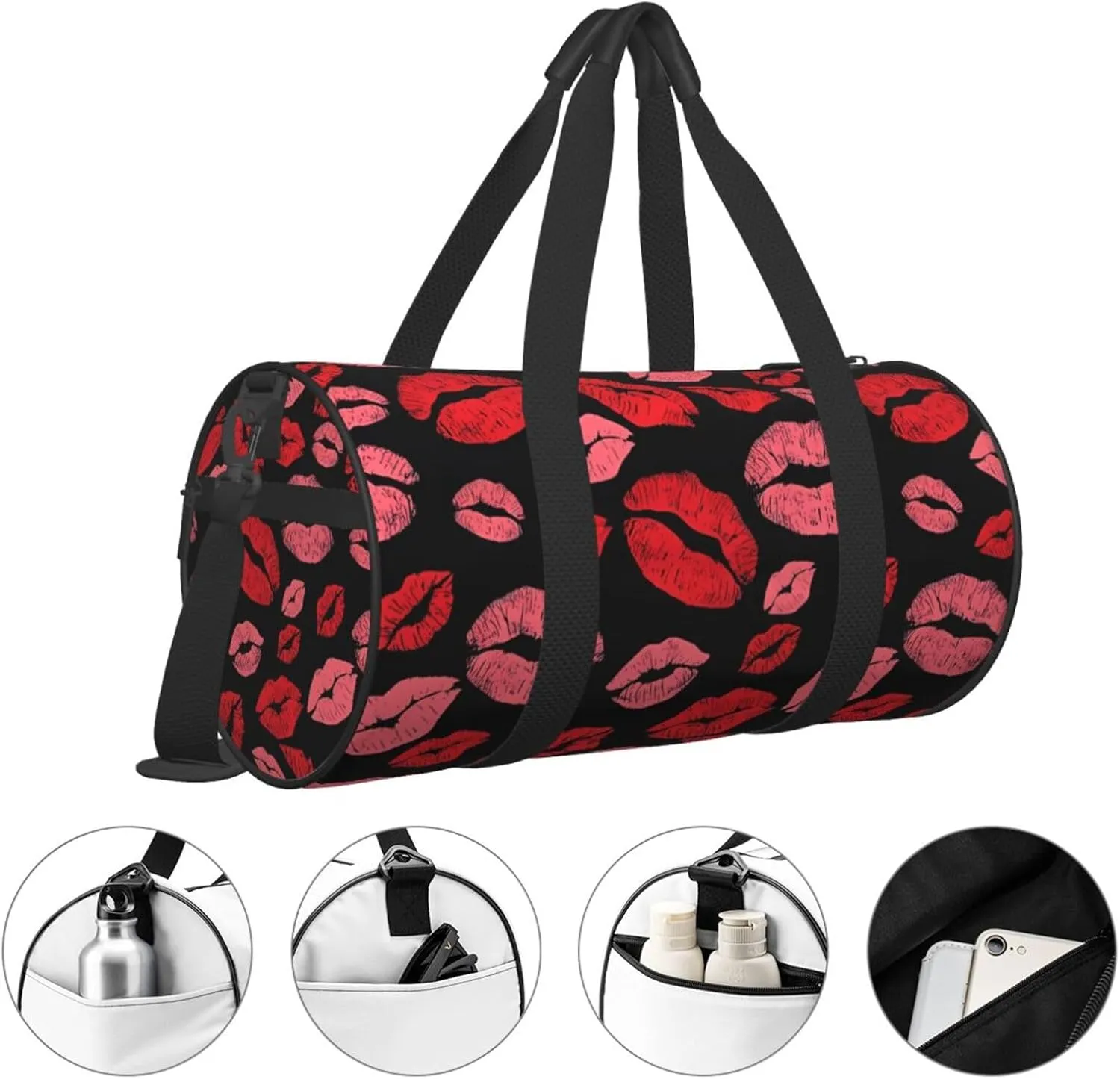 Red Valentines Lips Round Travel Duffel Bag Large Capacity Gym Sports Bags for Hiking Vacation Trips