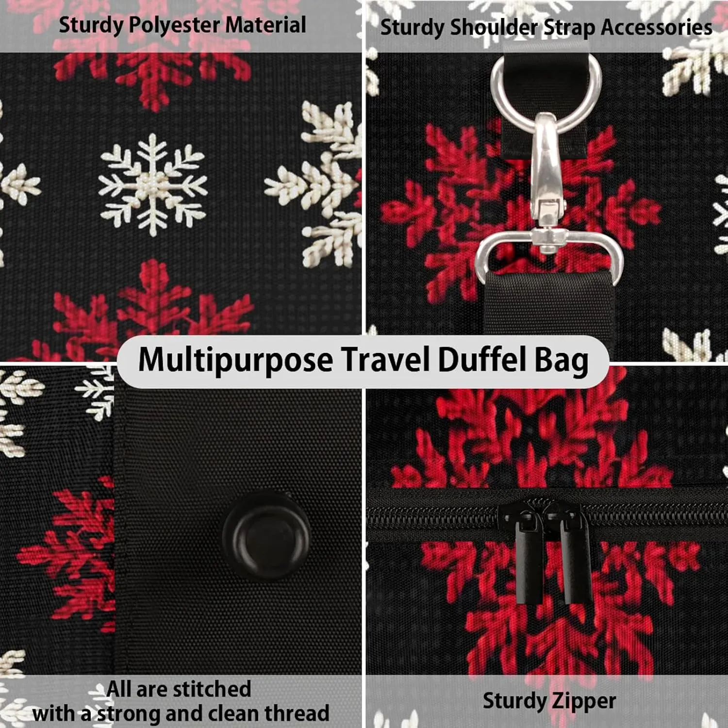 Red White Snowflakes Travel Duffle Bag, Sports Gym Bags for Women Men, Carry On Weekender Overnight Workout Airplane Trips Bag