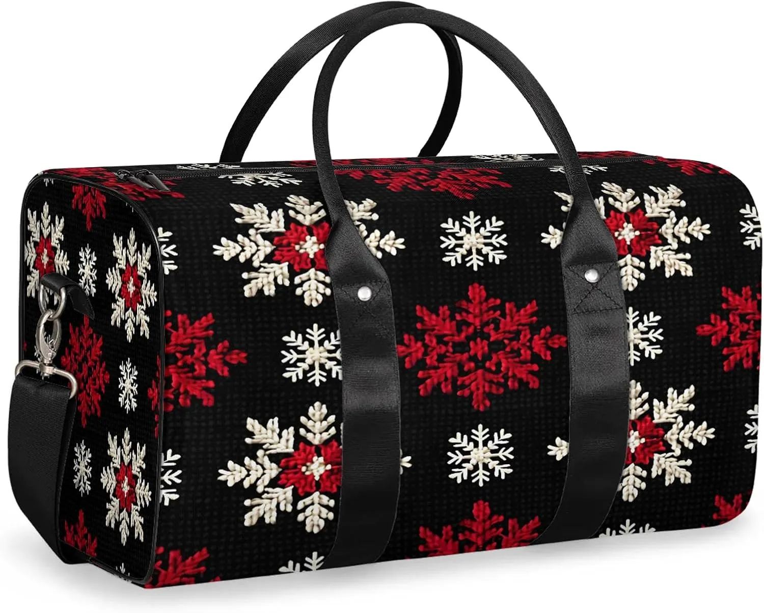 Red White Snowflakes Travel Duffle Bag, Sports Gym Bags for Women Men, Carry On Weekender Overnight Workout Airplane Trips Bag