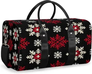 Red White Snowflakes Travel Duffle Bag, Sports Gym Bags for Women Men, Carry On Weekender Overnight Workout Airplane Trips Bag