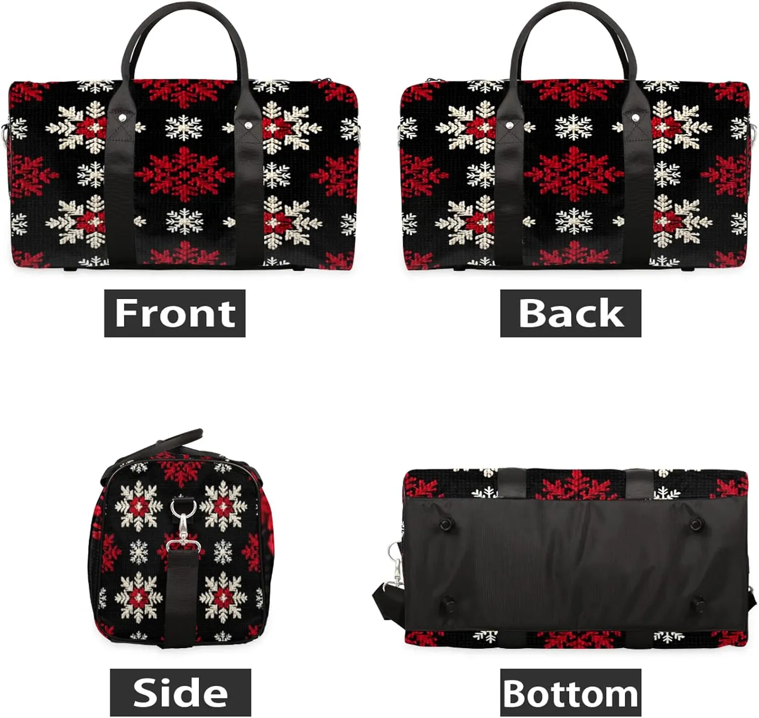 Red White Snowflakes Travel Duffle Bag, Sports Gym Bags for Women Men, Carry On Weekender Overnight Workout Airplane Trips Bag