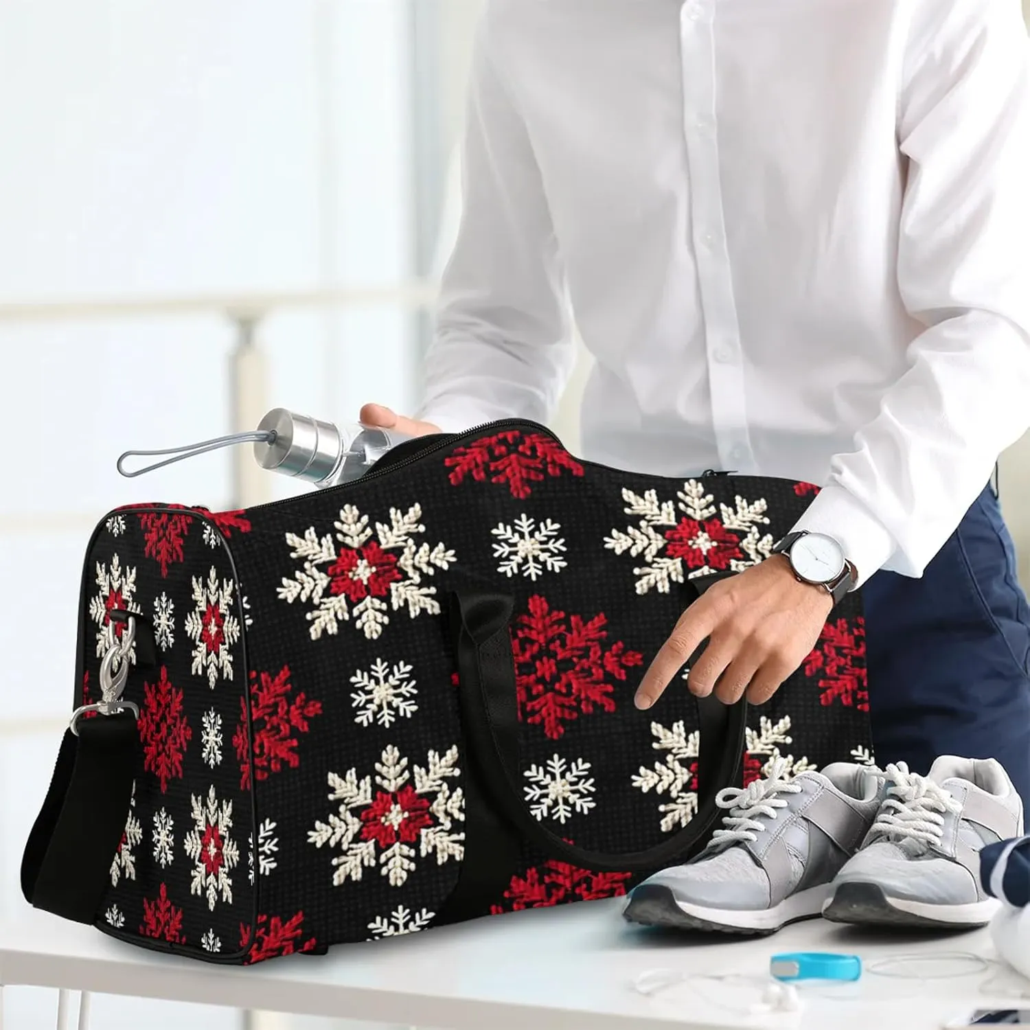 Red White Snowflakes Travel Duffle Bag, Sports Gym Bags for Women Men, Carry On Weekender Overnight Workout Airplane Trips Bag