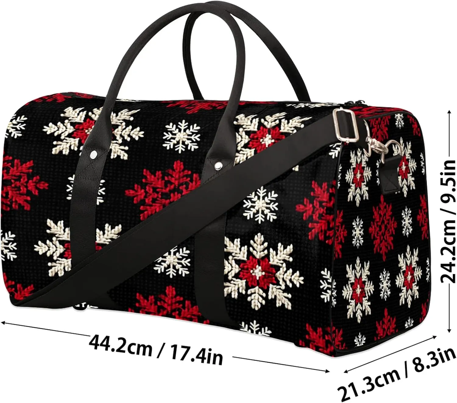 Red White Snowflakes Travel Duffle Bag, Sports Gym Bags for Women Men, Carry On Weekender Overnight Workout Airplane Trips Bag