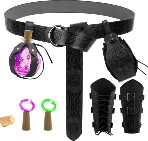 Renaissance Accessories, Medieval Vintage Belt Pouch, Leather Bracers and Cork Potion Bottle Belt with Green Purple Lights