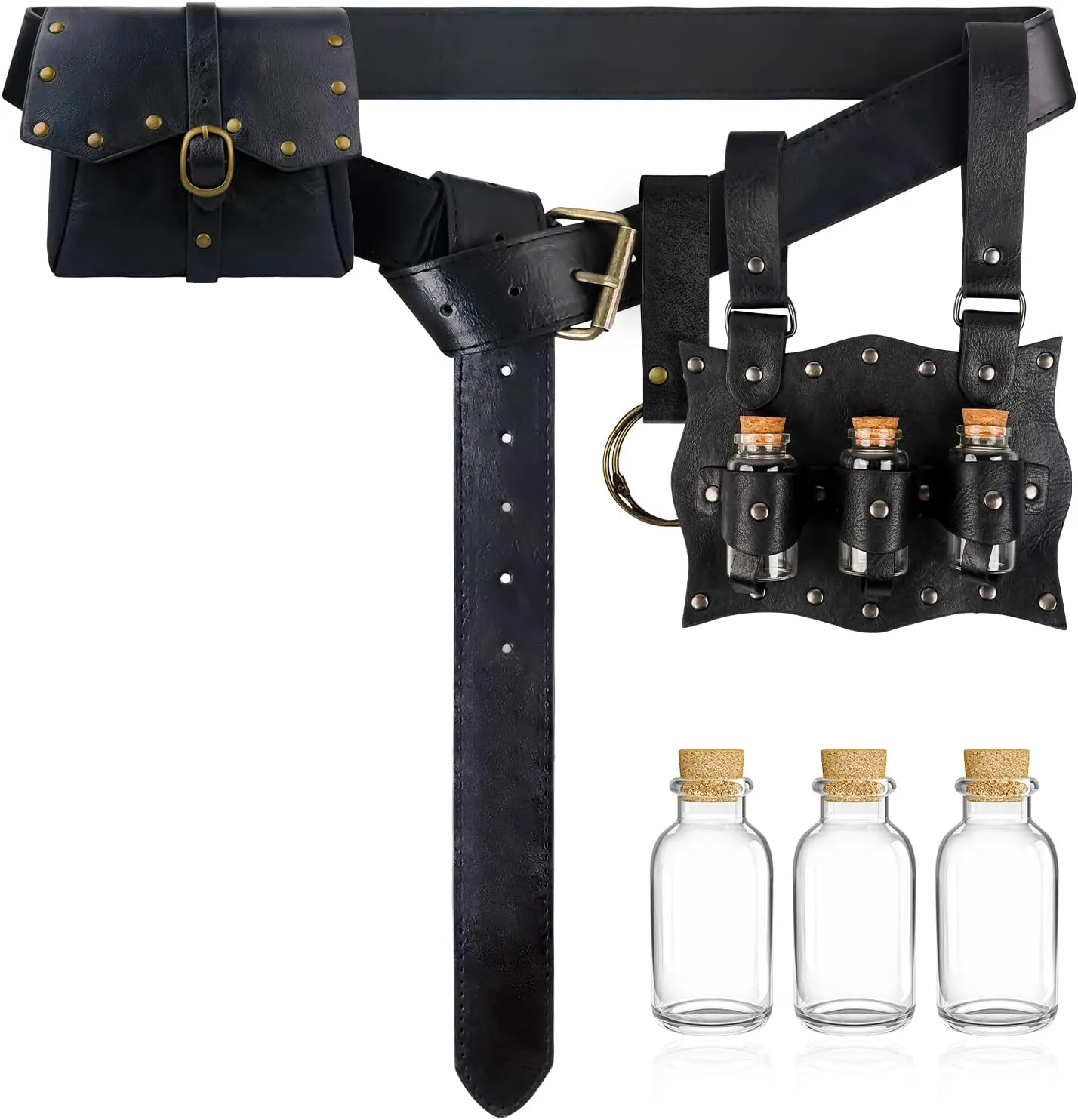 Renaissance Belt Pouch Pirate Leather Belt Bag Viking Belt Medieval Waist Bag Potion Bottles for Cosplay Costume Accessories (Black)