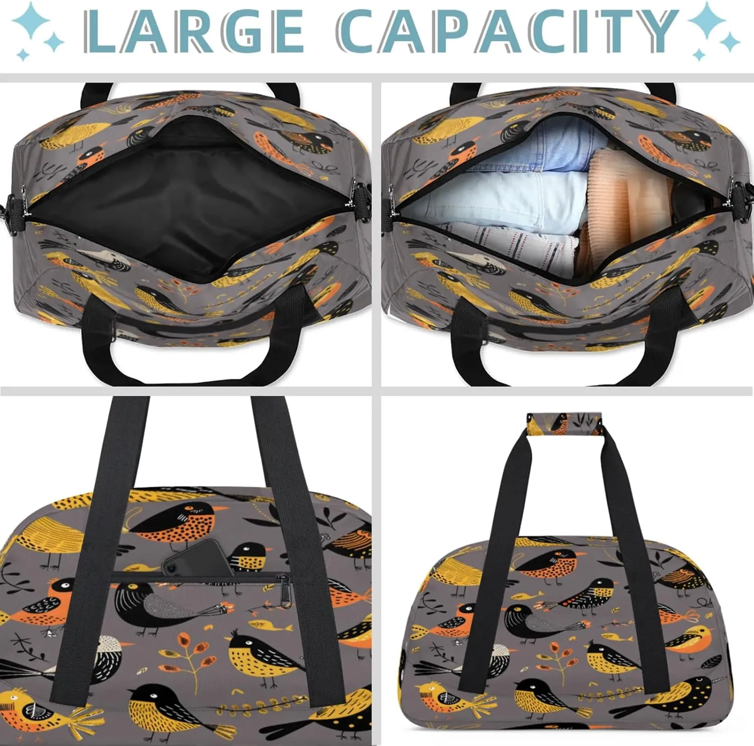 Retro Bird Print Small Gym Bag 18 inch Carry On Duffel Bag for Weekender Travel Sports Workout Yoga Gymnastics Dance Ballet