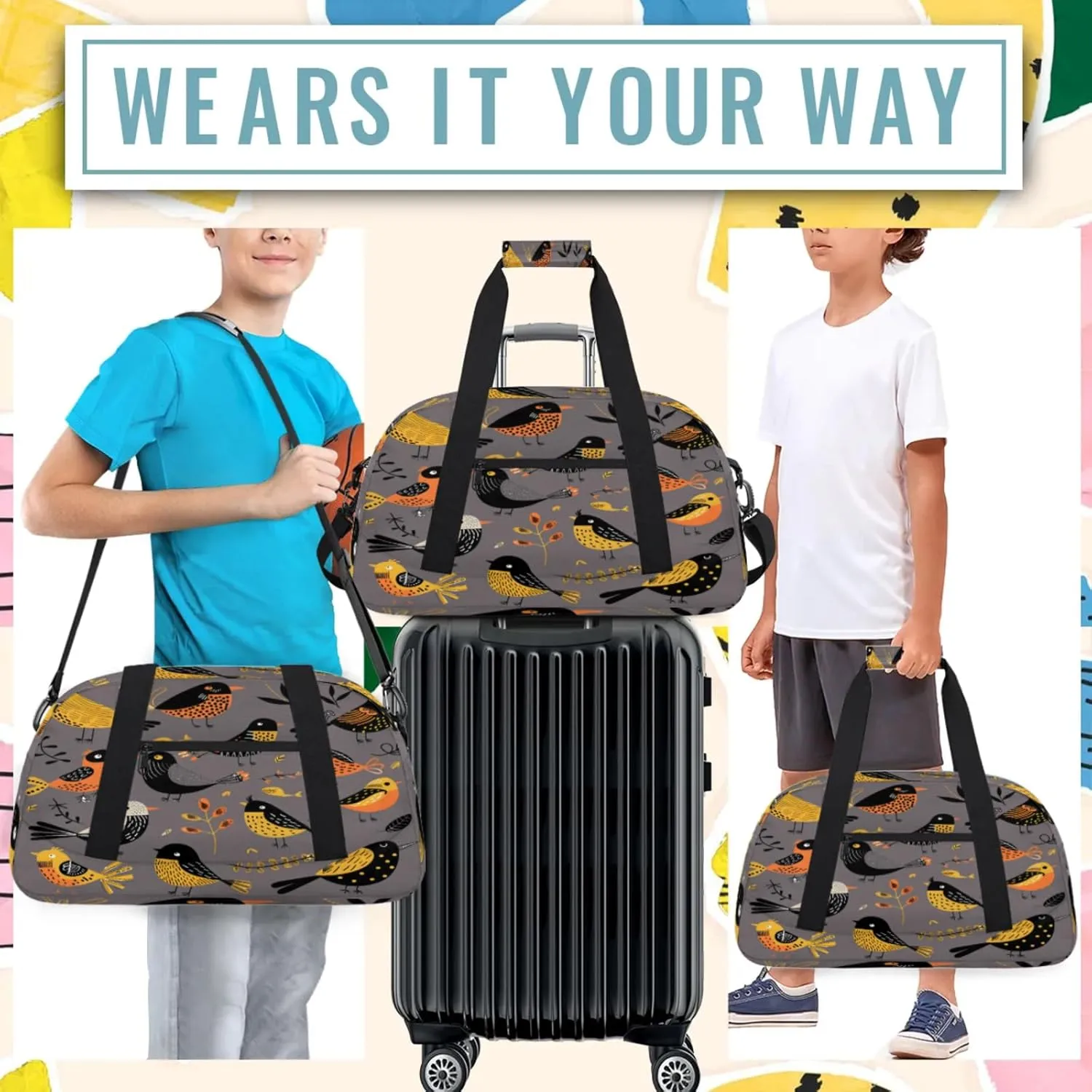 Retro Bird Print Small Gym Bag 18 inch Carry On Duffel Bag for Weekender Travel Sports Workout Yoga Gymnastics Dance Ballet