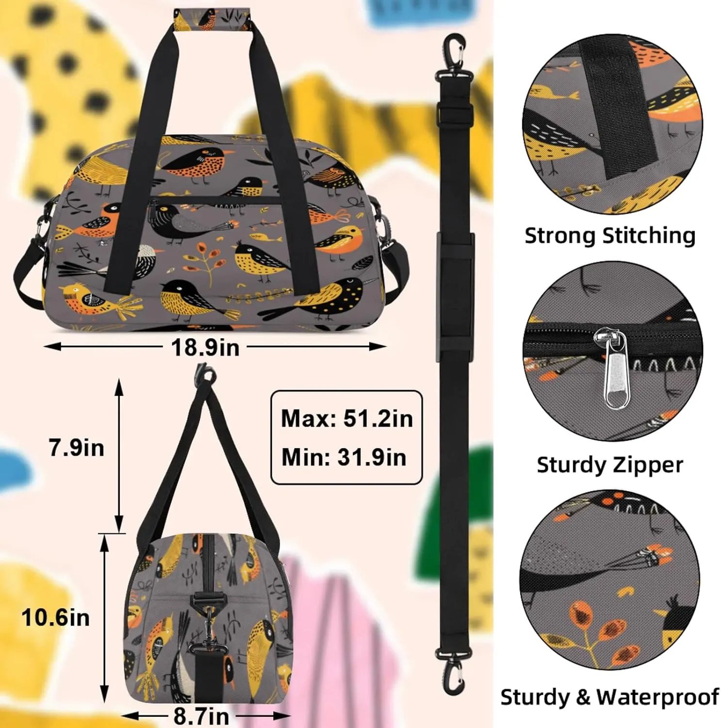 Retro Bird Print Small Gym Bag 18 inch Carry On Duffel Bag for Weekender Travel Sports Workout Yoga Gymnastics Dance Ballet