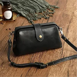 Retro Handmade Bag, Premium Leather Doctor Bag Crossbody, Unique Opening Women Shoulder Purses Commuter Bag (Black)