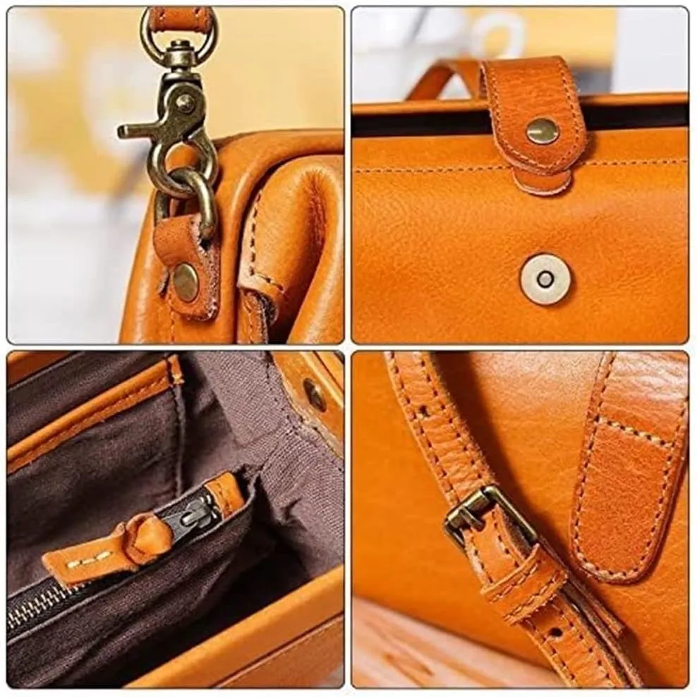 Retro Handmade Bag, Premium Leather Doctor Bag Crossbody, Unique Opening Women Shoulder Purses Commuter Bag (Black)