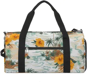 Retro Palms Treeshibicus Flowers Sports Tote Gym Bag for Women Men, Overnight Bag with Shoe Compartment Water Resistant