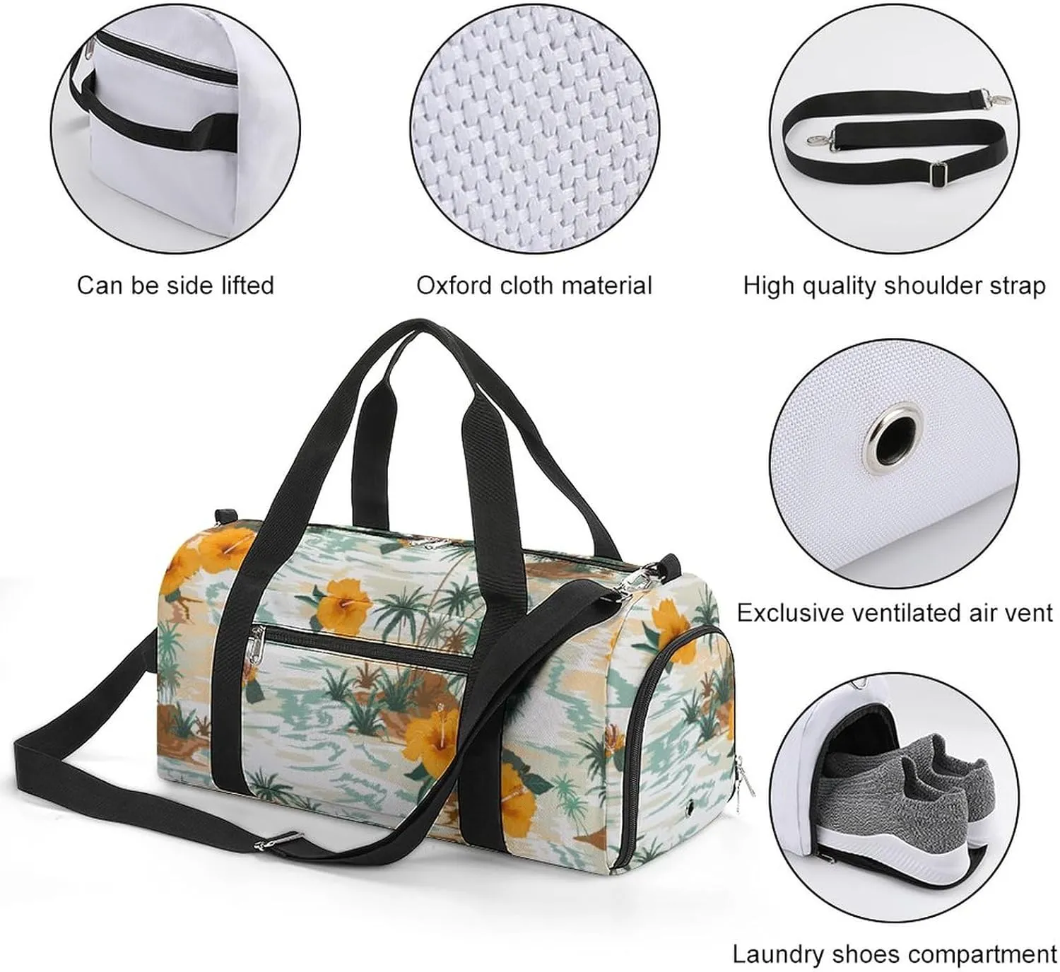 Retro Palms Treeshibicus Flowers Sports Tote Gym Bag for Women Men, Overnight Bag with Shoe Compartment Water Resistant