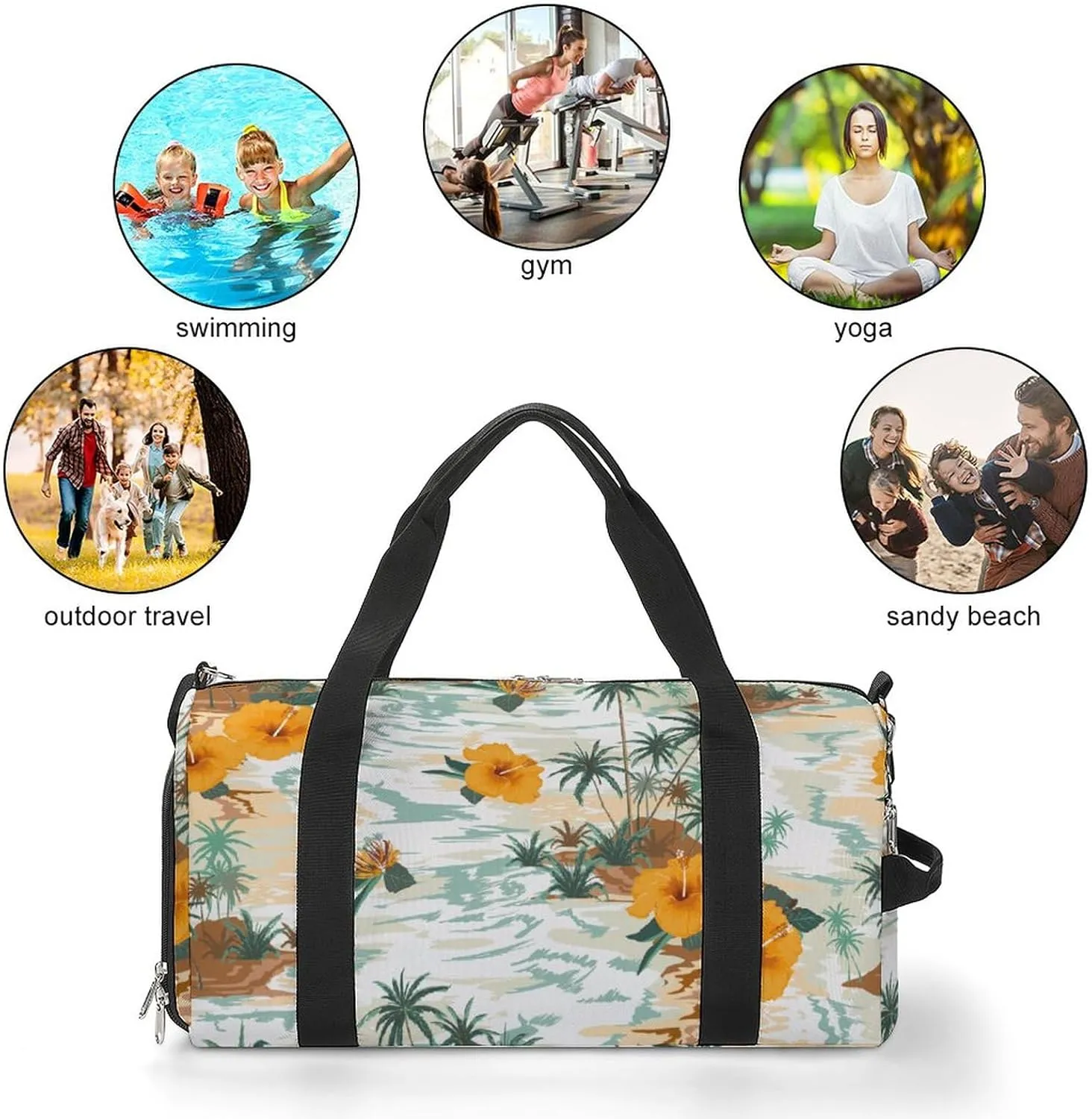 Retro Palms Treeshibicus Flowers Sports Tote Gym Bag for Women Men, Overnight Bag with Shoe Compartment Water Resistant