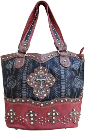 Rhinestone Cross Flower Hobo Style Shoulder Handbag Purse and Matching Wallet in Red 5260 (Red)
