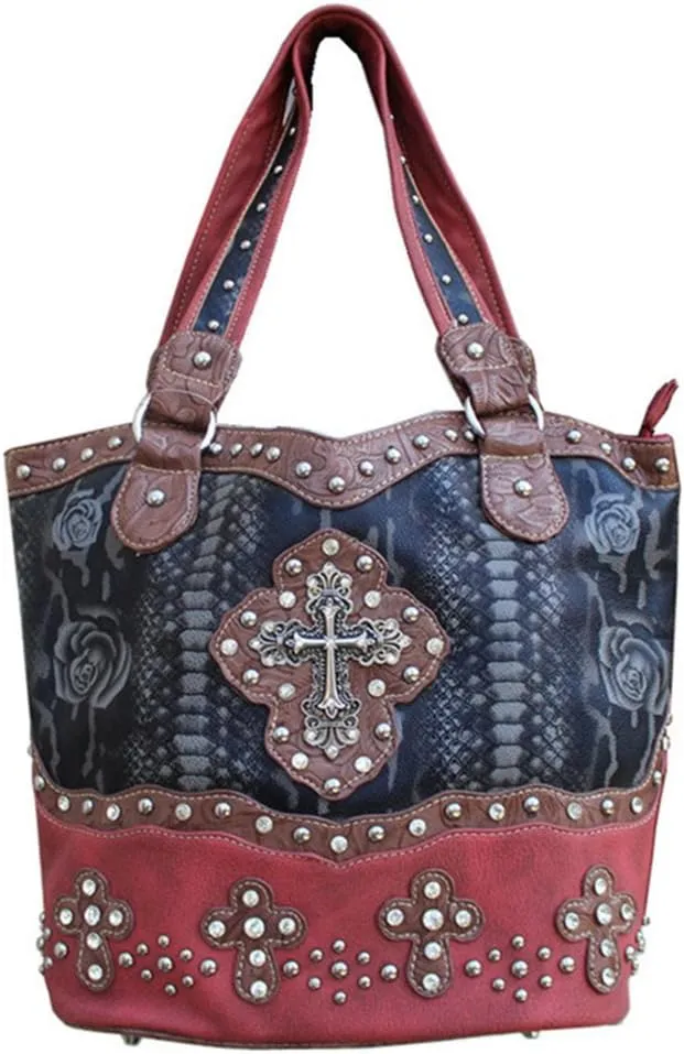 Rhinestone Cross Flower Hobo Style Shoulder Handbag Purse and Matching Wallet in Red 5260 (Red)