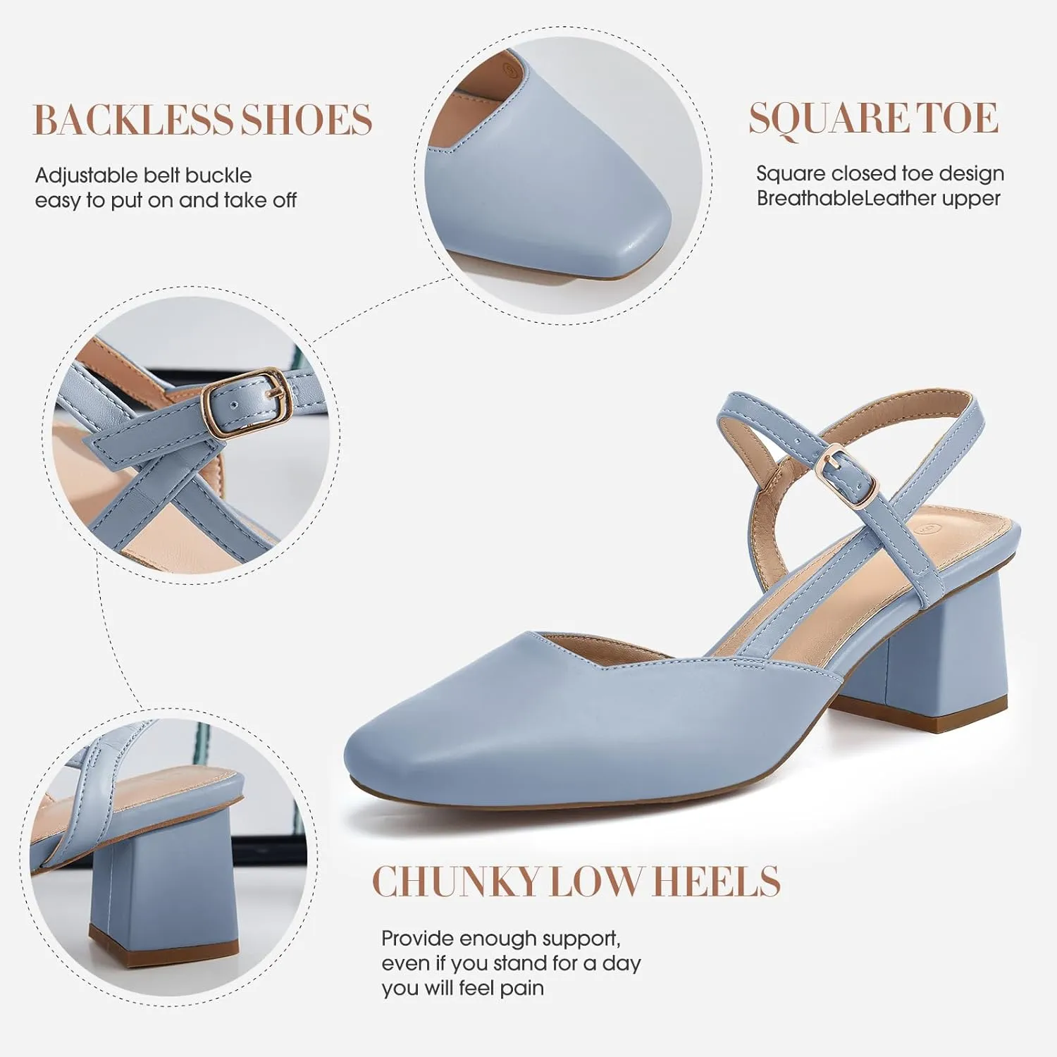 Rilista Women's Slingback Chunky Low Heels Closed Square Toe Heel Wedding Party Dress Pumps Shoes