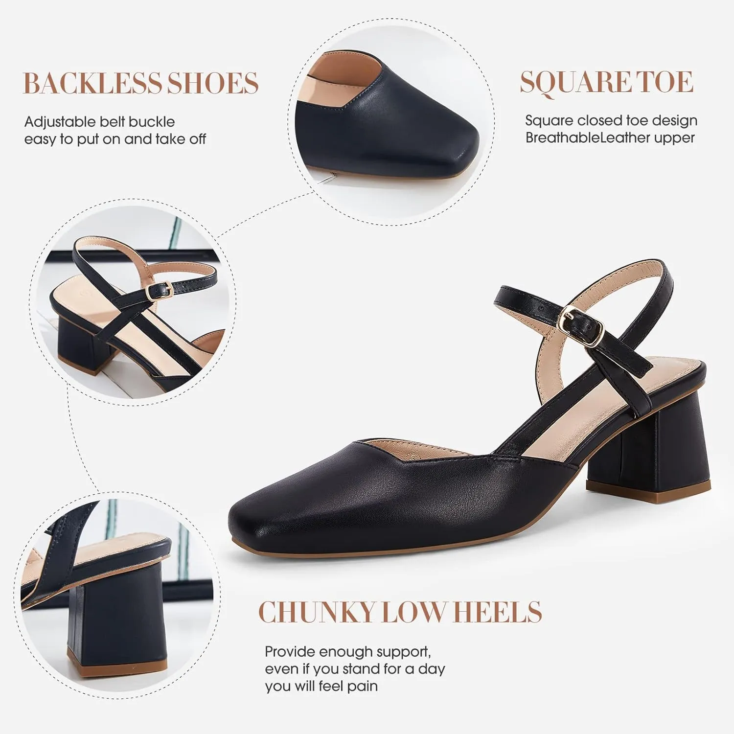 Rilista Women's Slingback Chunky Low Heels Closed Square Toe Heel Wedding Party Dress Pumps Shoes