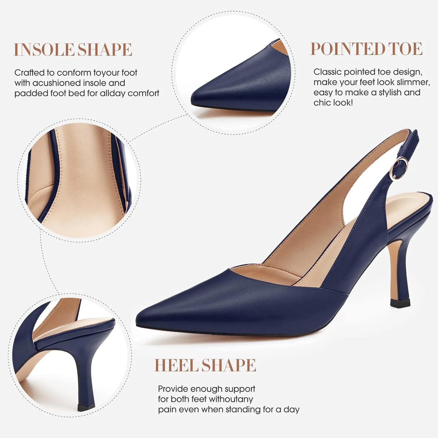 Rilista Women's Slingback Kitten Heels Closed Pointed Toe Wedding Party Dress Pumps Shoes