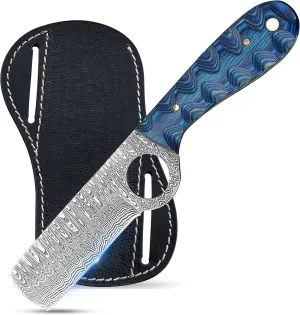 Ring Handmade Bull cutter knife, outdoor comping skinning cowboy knives with pancake leather sheath - Pakkawood Blue, Black & Grey