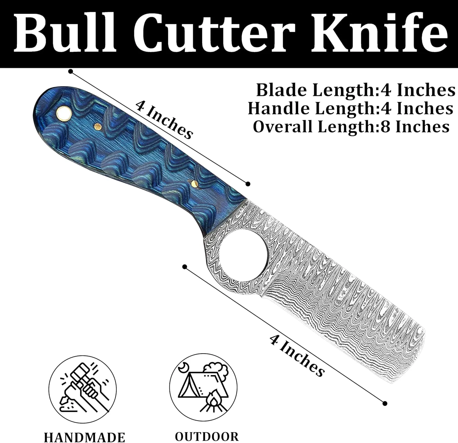 Ring Handmade Bull cutter knife, outdoor comping skinning cowboy knives with pancake leather sheath - Pakkawood Blue, Black & Grey