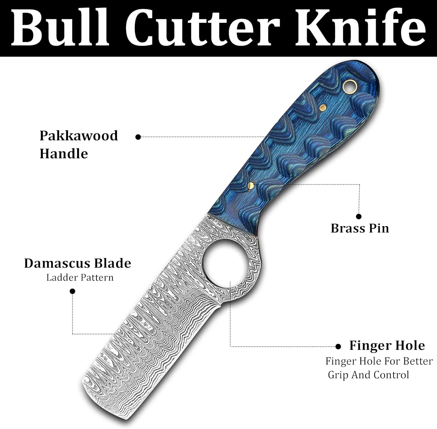 Ring Handmade Bull cutter knife, outdoor comping skinning cowboy knives with pancake leather sheath - Pakkawood Blue, Black & Grey
