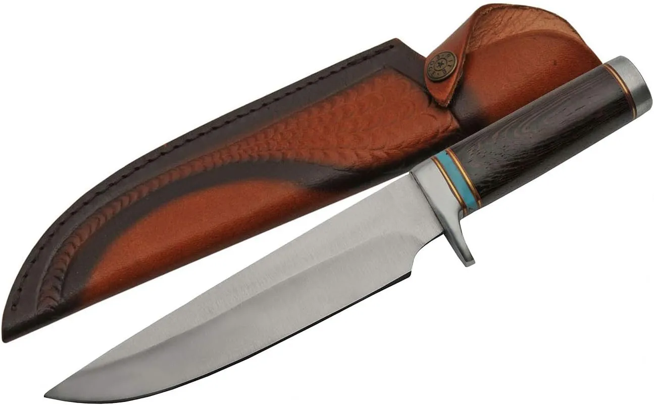 Rite Edge Bowie Knife 12.5" Overall Wood/Turquoise Handle Stainless Blade   Leather Sheath