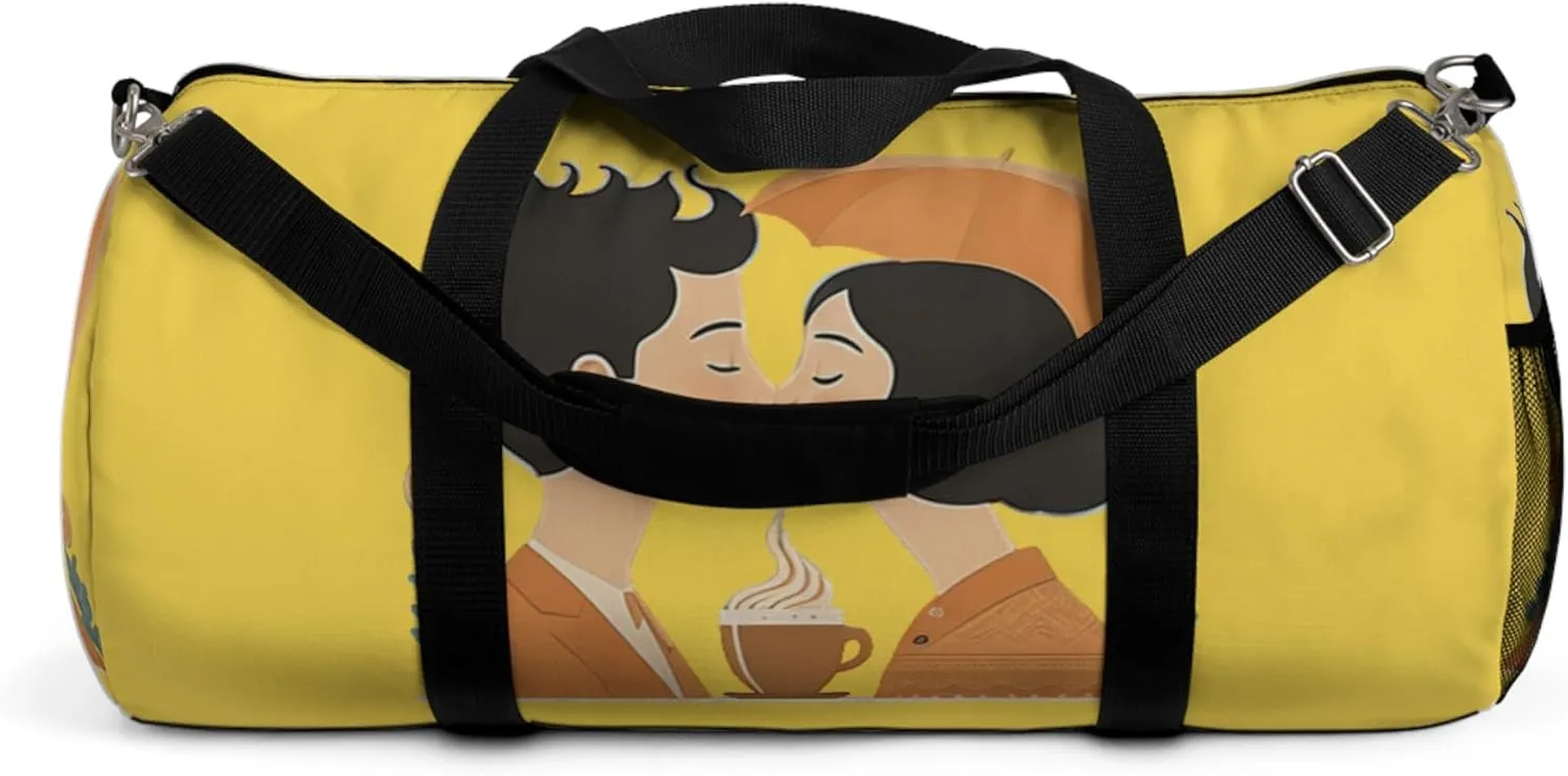 Romantic Coffee Kiss Duffel Bag – Warm Vintage Couple Print – Lightweight Travel Bag with Black Straps