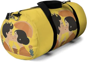 Romantic Coffee Kiss Duffel Bag – Warm Vintage Couple Print – Lightweight Travel Bag with Black Straps